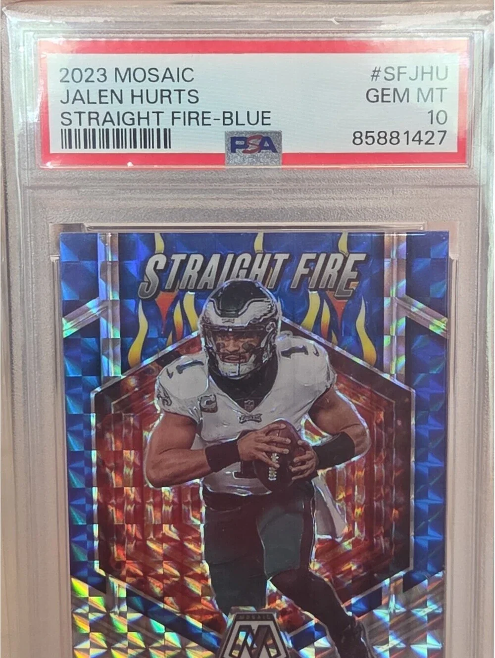 2023 Panini Mosaic Jalen Hurts Straight Fire Blue Prizm 31/99 PSA 10 GEM MINT
